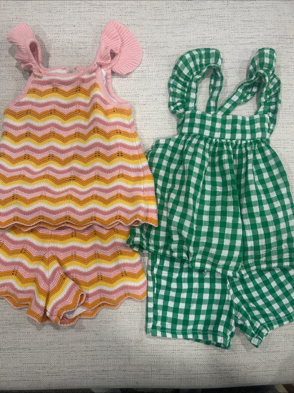 Girls Pink & Yellow Chevron Knit Set and Green Gingham Set